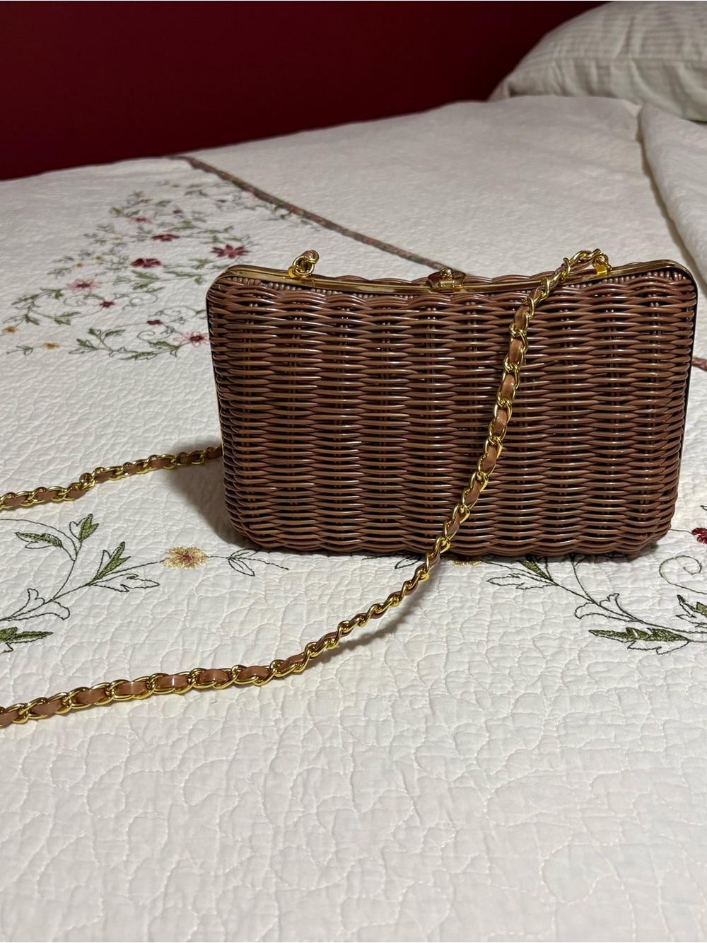 Woven Brown Crossbody Bag with Gold Chain Strap